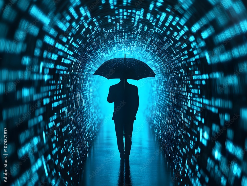 Aufkleber mysterious figure holding umbrella in a blue digital light tunnel creating a surreal and enigmatic a
