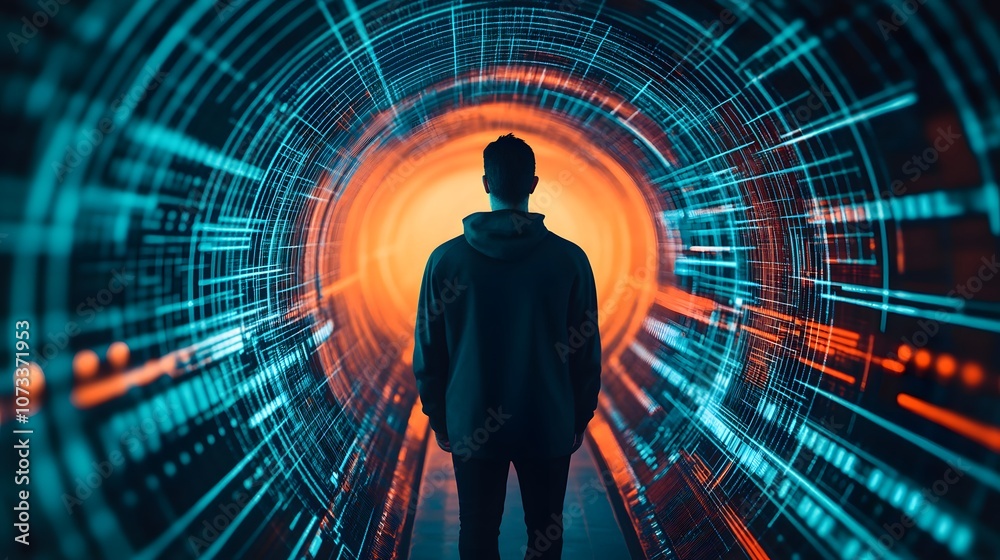 Poster a person stands at the edge of a glowing tunnel filled with vibrant digital patterns, symbolizing th