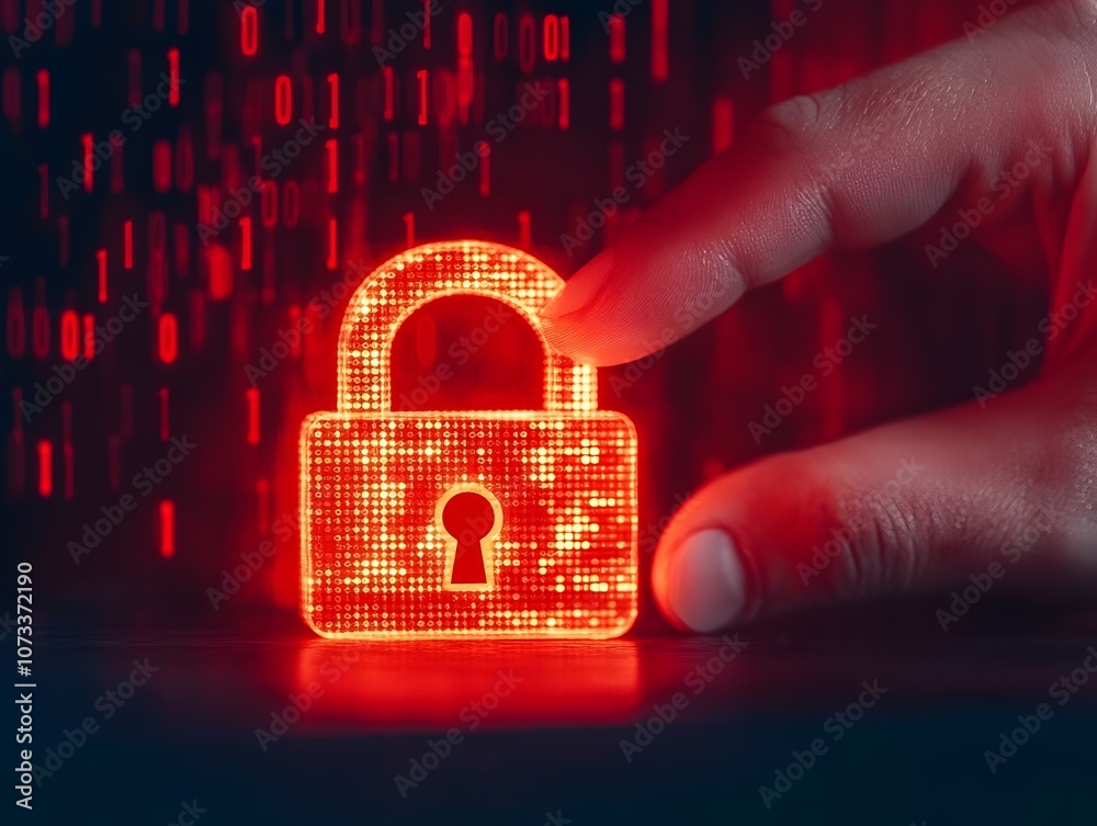 Leinwandbilder Digital Security Concept with a Glowing Red Lock Symbolizing Data Protection and Cybersecurity Against Threats in a Tech-Oriented Background with Binary Code