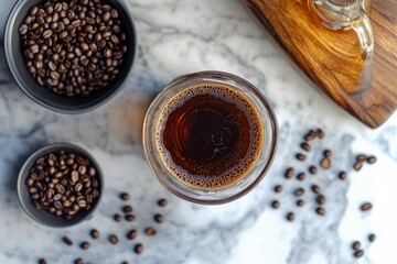 A modern flat lay featuring a slow drip coffee maker, coffee beans, and a glass carafe filled with rich, smooth cold brew, showcasing the beauty of long-extraction methods for coffee enthusiasts