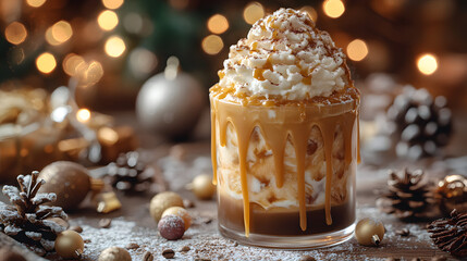 A cup of caramel-flavored coffee frappuccino topped with plenty of whipped cream, served in a glass with a straw, capturing the indulgent sweetness and rich texture of this refreshing iced coffee trea