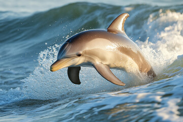 A playful dolphin leaps gracefully through ocean waves, showcasing its agility and beauty under the golden sunlight.