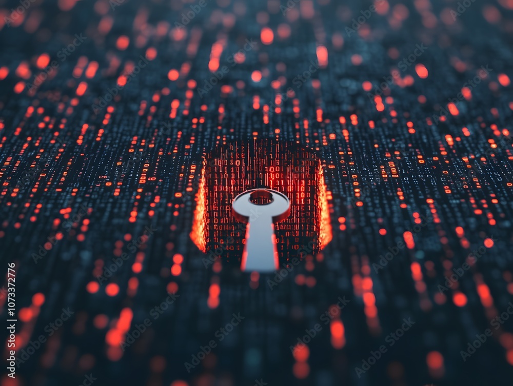 Aufkleber Abstract representation of cybersecurity featuring a keyhole surrounded by dynamic binary code, symbolizing digital access and data protection in a tech-driven world.