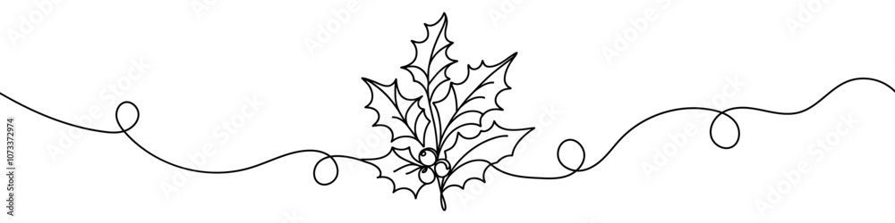 Wall mural continuous line drawing of holly berries and leaves creating a festive image for christmas projects.