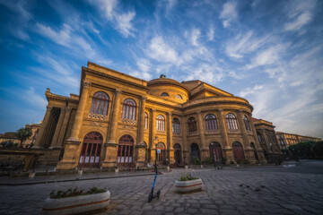 Fototapeta premium Palermo, Italy - June 2023: The Teatro Massimo Vittorio Emanuele, better known as Teatro Massimo, of Palermo is the largest opera theater building in Italy, and one of the largest in Europe.