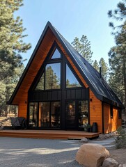 There is a house with numerous windows situated in the center of a lush green forest
