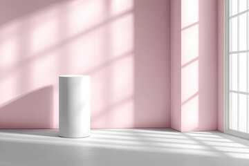 Pink Background,Studio room with 3d cylinder prodium display for product present,Vector illustration backdrop minimal scene with light on pink wall and floor. with generative ai