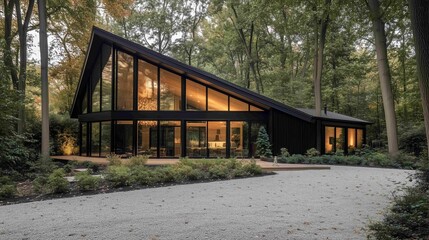 Fototapeta premium There is a house with numerous windows situated in the center of a lush green forest 