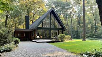 Fototapeta premium There is a house with numerous windows situated in the center of a lush green forest 