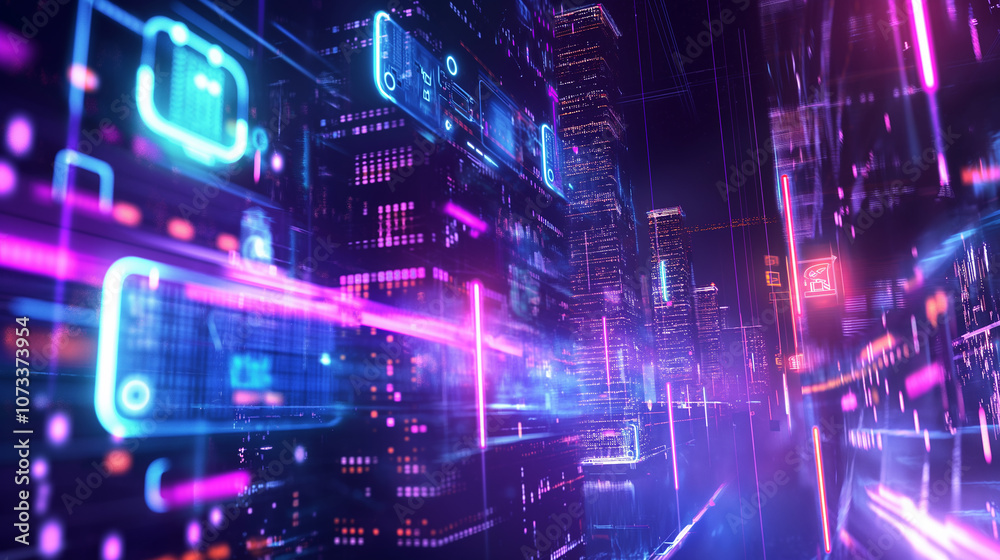 Poster holographic cloud database with visualized data flow, multi-level encryption shields, and active sec