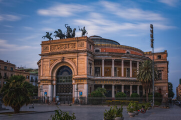 Palermo, Sicily, Italy at Teatro Politeama and square at twilight. Long exposure picture, June 2023.