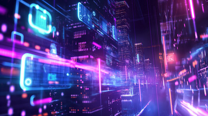 Naklejka premium Holographic cloud database with visualized data flow, multi-level encryption shields, and active security monitoring icons floating around.