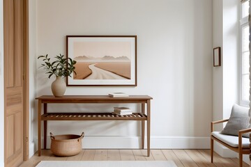 Cozy beige hallway with wooden furniture and minimal art frame