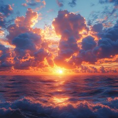 Fototapeta premium Breathtaking Sunset Cloudscape Over Tranquil Landscape Capturing Nature's Beauty at Dusk in Vibrant Colors and Serene Atmosphere