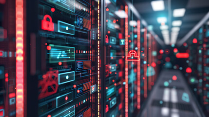 Holographic cloud database with visualized data flow, multi-level encryption shields, and active security monitoring icons floating around.