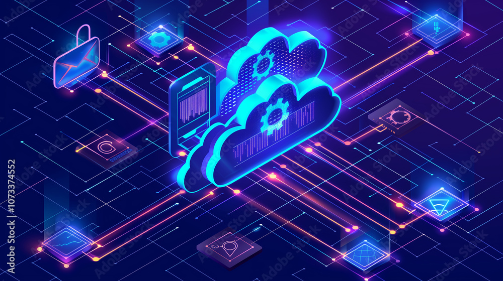 Poster holographic cloud database with visualized data flow, multi-level encryption shields, and active sec
