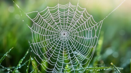 A beautiful spider web glistening with dew drops on lush green grass during sunrise.