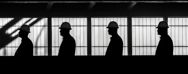 Silhouetted workers in hard hats at manufacturing station, showcasing teamwork and industry