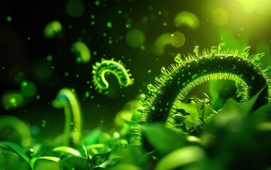 A captivating close-up of vibrant green spirals surrounded by lush foliage, illuminated by a soft, glowing light, evoking a sense of freshness and growth.