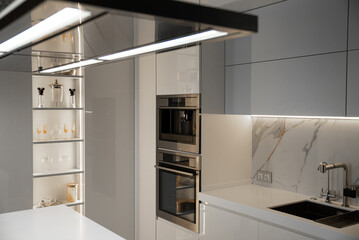 Built-in kitchen appliances in a white modern kitchen