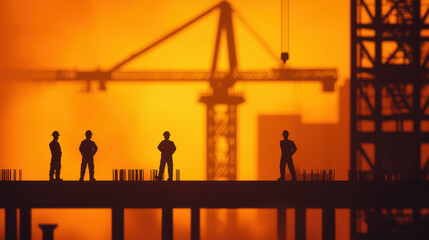 Fototapeta premium Silhouetted workers on construction site at sunset, showcasing teamwork
