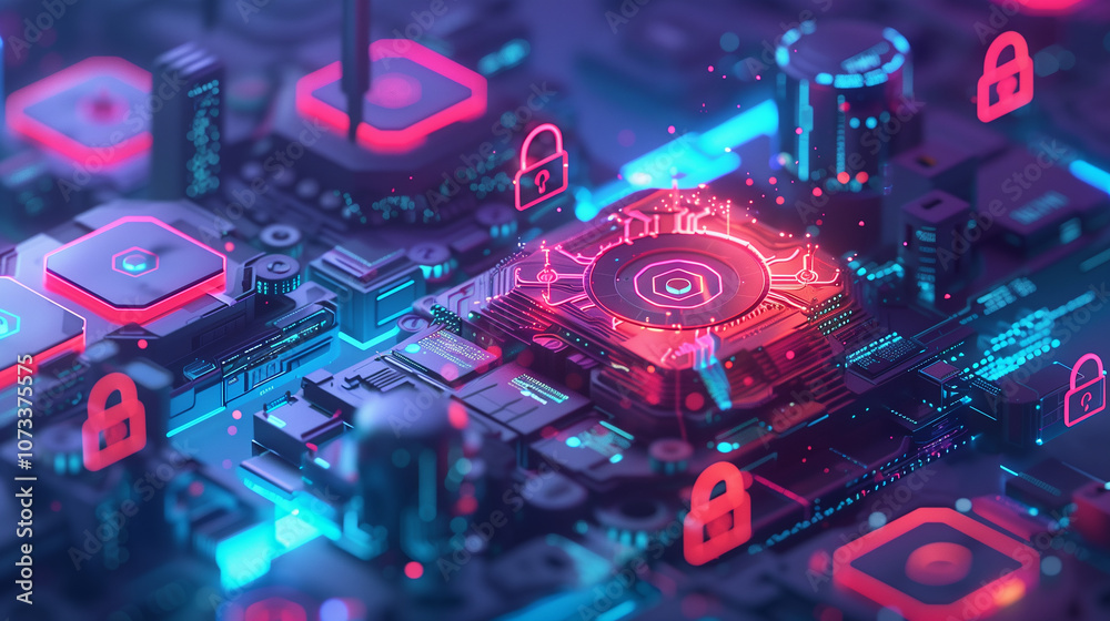 Poster holographic interface showcasing cloud storage levels, encrypted data nodes, and floating lock icons