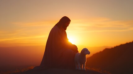 Shepherd Jesus Christ gently caring for a lost lamb – Symbolising compassion, faith, and the nurturing love of a shepherd in a biblical context