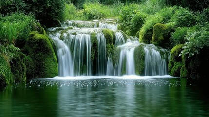 Obraz premium A serene waterfall cascading into a tranquil pool surrounded by lush greenery.