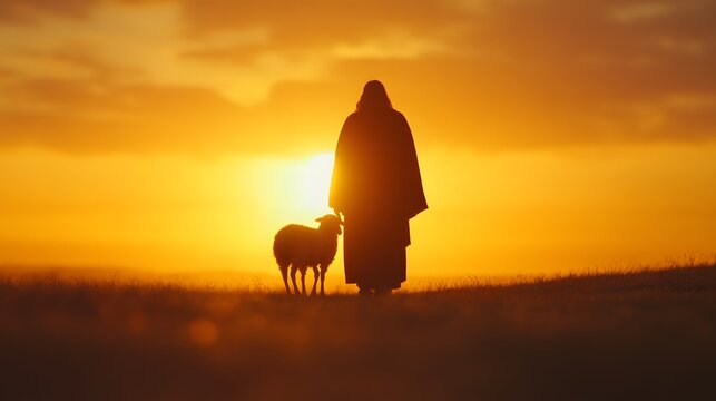 Shepherd Jesus Christ gently caring for a lost lamb &ndash; Symbolising compassion, faith, and the nurturing love of a shepherd in a biblical context