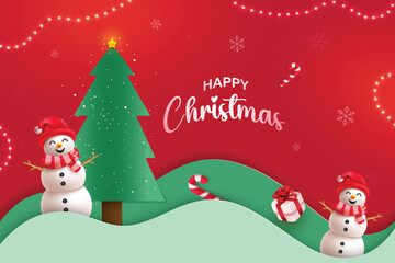 Happy Christmas Sale With Hanging Lights On Red Color Background. Xmas Festive Vector Illustration For Discount Sale Offer Promotion, Greetings Card, Website, Advertisement, E-commerce.