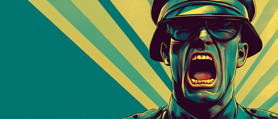 Angry Man in Uniform with Open Mouth and Sunglasses