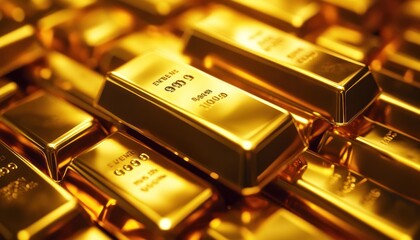 A close-up of shiny gold bars stacked together, showcasing their gleaming surface and inscriptions.