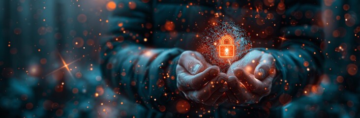 Cyber Security Businessman Using Virtual Screen for Digital Data Protection and Privacy with Padlock Login Access Identity Verification Futuristic Technology Against Cyber Attacks