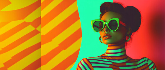 Obraz premium Fashionable Woman Wearing Green Sunglasses Against Colorful Background, Fashionable Woman Wearing Green Sunglasses Against Colorful Back