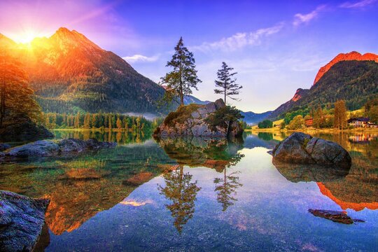 alpine mountains landscape, picturesque nature image, famous lake Hintersee, Alps, Ramsau, Bavaria, Germany, Europe.
