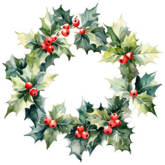 Fototapeta premium Christmas Wreath with Holly and Red Berries – Isolated Festive Decoration on Transparent Background