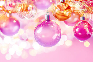 Christmas glass balls in light magenta, pink and amber. Space for text.