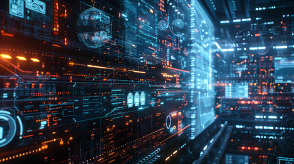 Obraz premium Interactive AR screen displaying layers of secure cloud storage, floating security protocols, and encrypted database icons for data protection management.