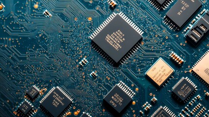 Complex pattern of electronic microchips with highlighted pathways, suitable for backgrounds related to AI, computing, and digital innovation