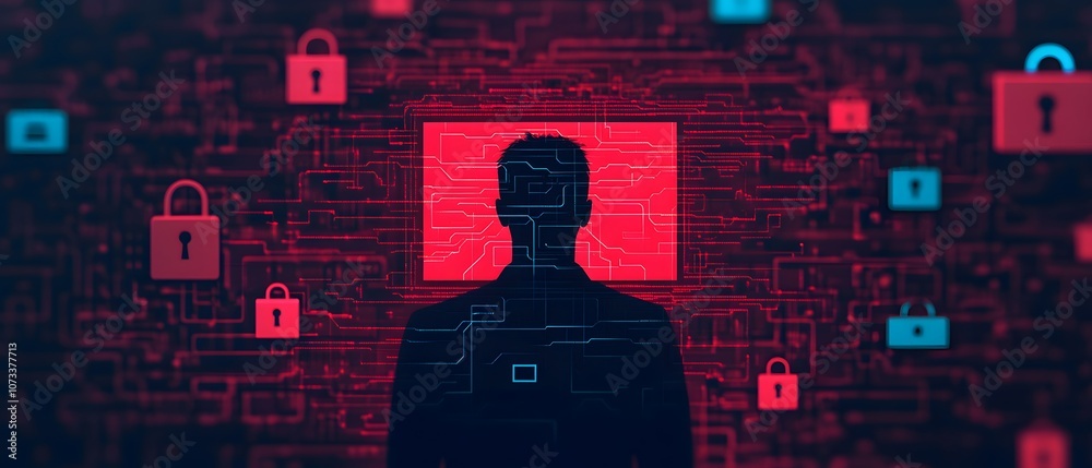 Poster Abstract representation of cybersecurity concepts with a figure in silhouette against a vibrant digital backdrop, featuring locks and circuits symbolizing data protection and privacy.