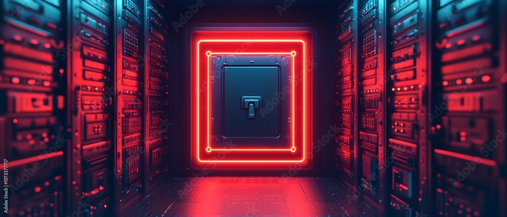 Poster Futuristic Data Center with Neon Lighting and Secure Access Door Surrounded by Server Racks, Showcasing Advanced Network Technology and Cybersecurity Concepts