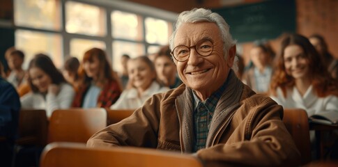 Senior Man Enjoying Adult Education in Classroom With Happy Students, Warm Cinematic View, High Resolution