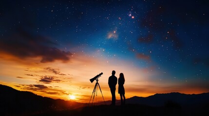 Couple gazing at the starry sky through a telescope during a stunning sunset.