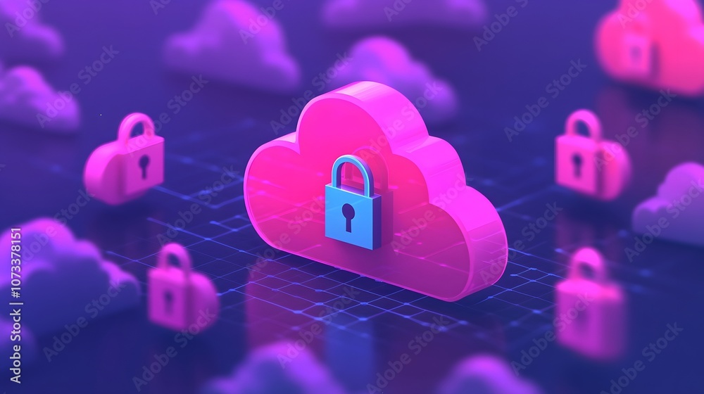 Poster Secure Cloud Storage Concept with Padlock Symbolizing Data Protection and Privacy in Digital Environment with Vibrant Colors and Modern Aesthetic