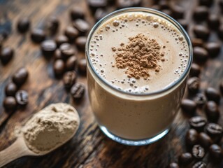 A close-up of a frothy coffee protein shake, with coffee beans and a scoop of protein powder arranged next to it, showcasing the creamy texture and nutritional benefits of this delicious blend