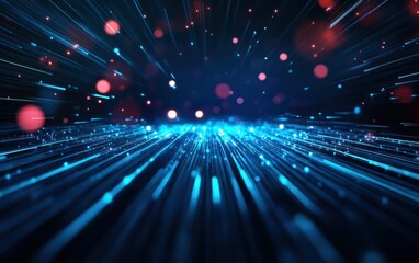 A vibrant, abstract background depicting blue streaks of light and glowing particles, creating a futuristic and dynamic atmosphere.