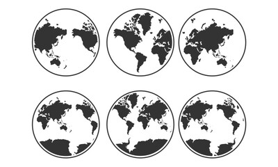 Six Black and White World Maps Showing Different Global Perspectives