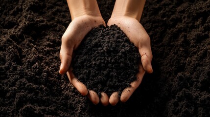Hands holding rich, dark soil symbolizing earth, nature, and environmental awareness.