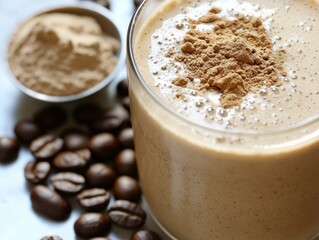 A close-up of a frothy coffee protein shake, with coffee beans and a scoop of protein powder arranged next to it, showcasing the creamy texture and nutritional benefits of this delicious blend
