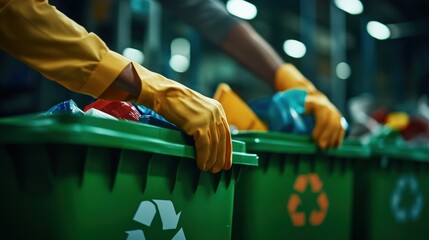 Hands wearing gloves sorting waste into recycling bins for a cleaner environment.